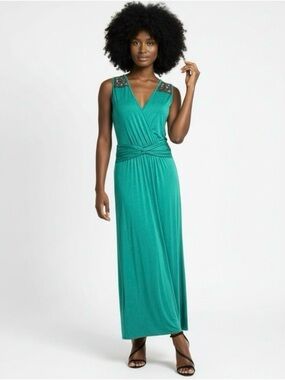 NWOT Boho Beaded Maxi Dress Sz.M Green Teal Sleeveless Event Festival Summer